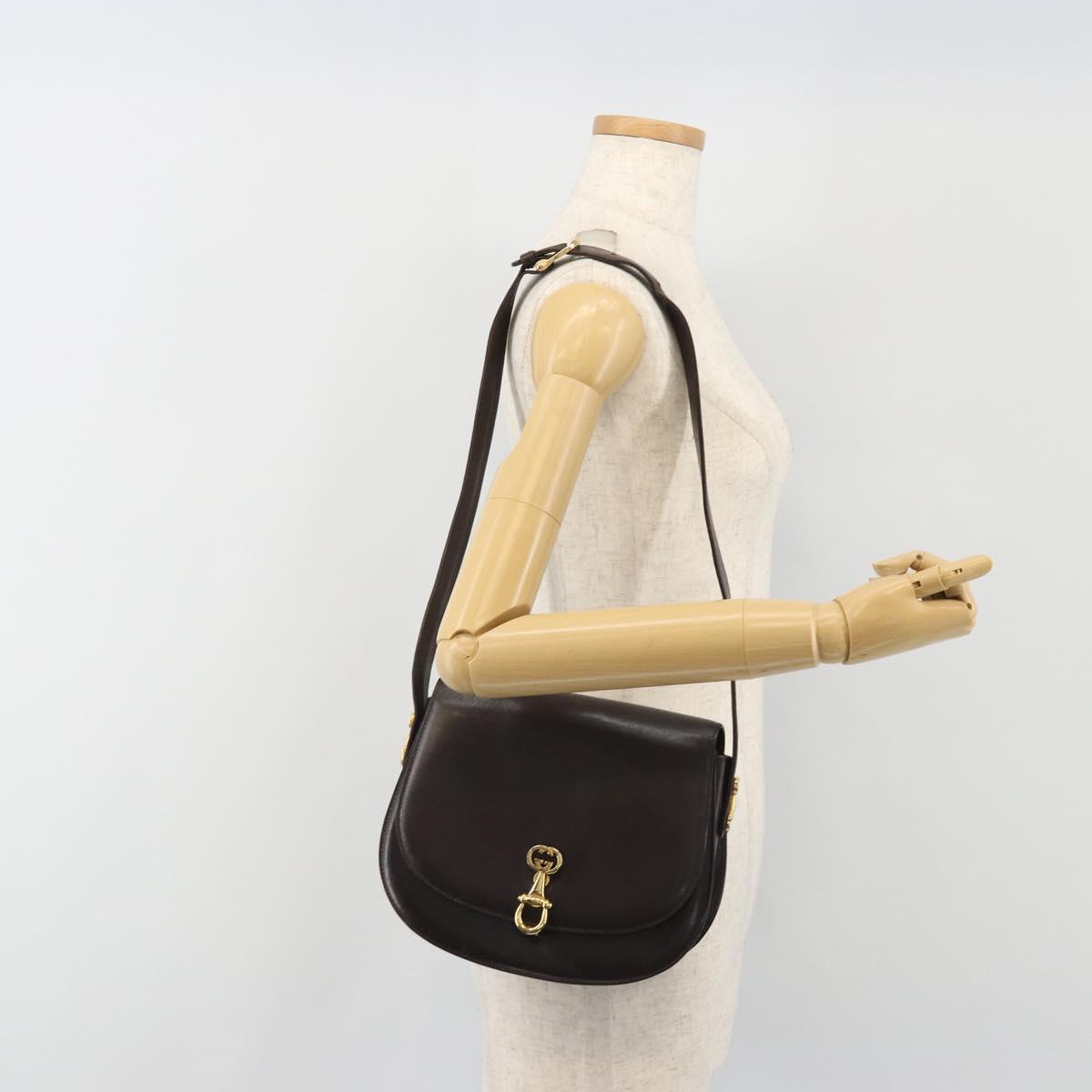 GUCCI Shoulder Bag Leather Brown Gold Auth 190885