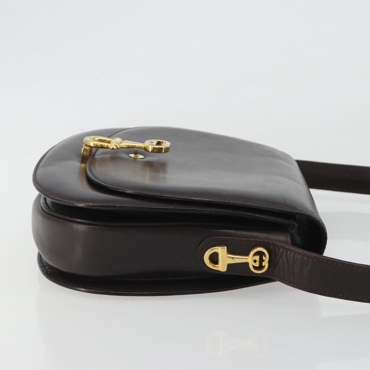 GUCCI Shoulder Bag Leather Brown Gold Auth 190885
