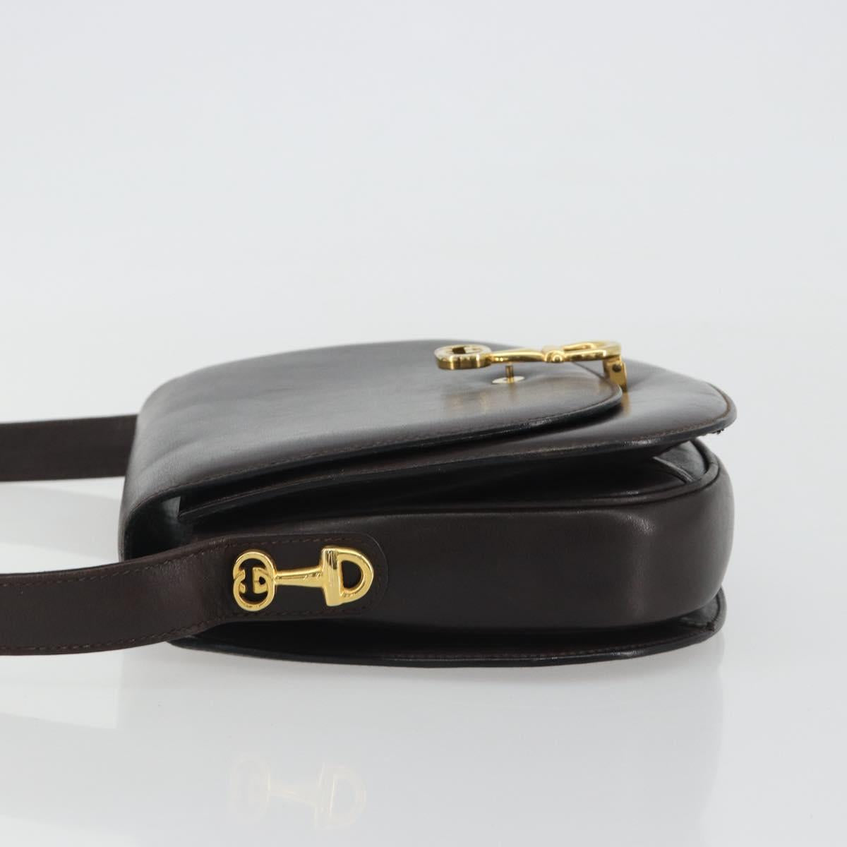 GUCCI Shoulder Bag Leather Brown Gold Auth 190885
