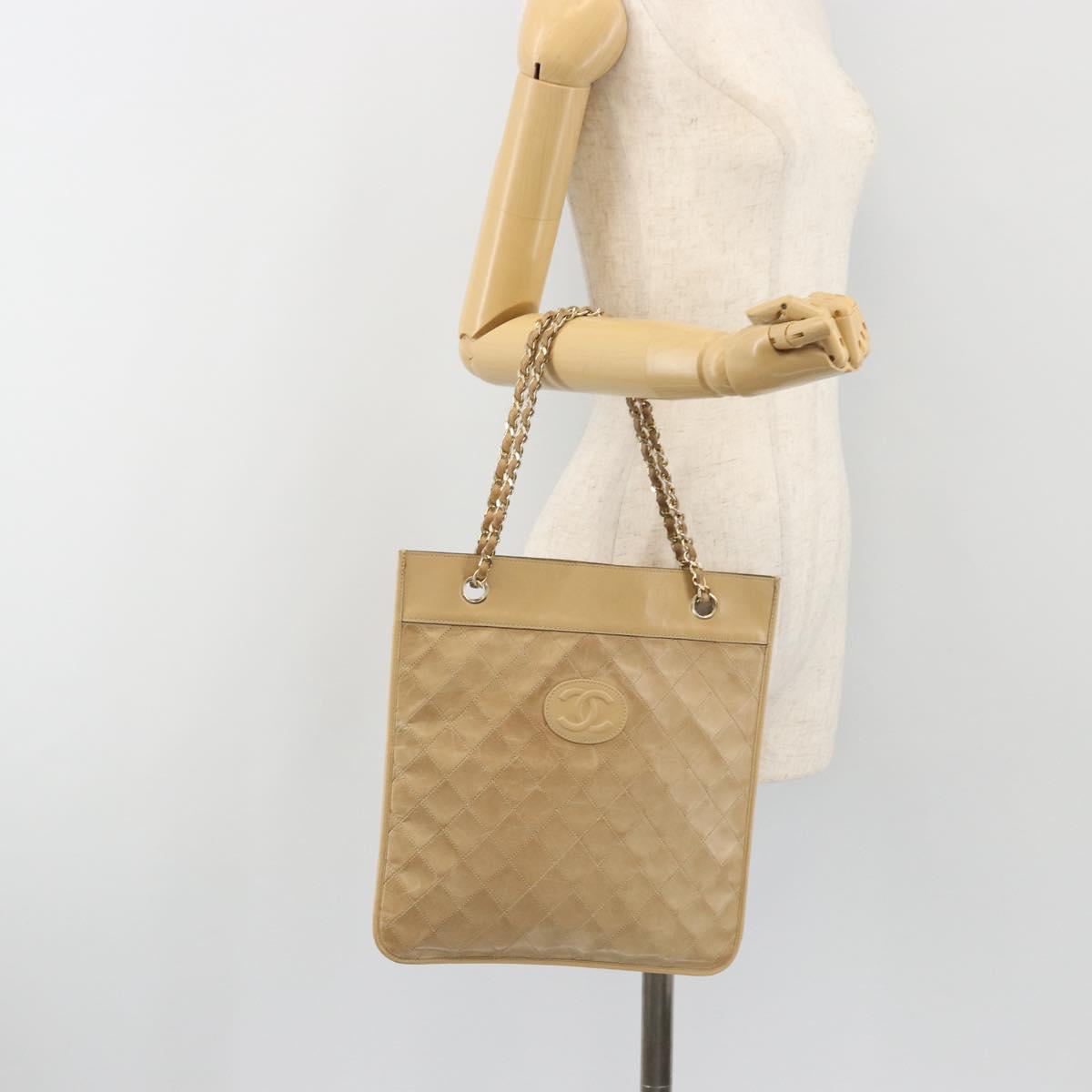CHANEL Matelasse Chain Shoulder Bag Lamb Skin Beige Gold CC Auth 190888