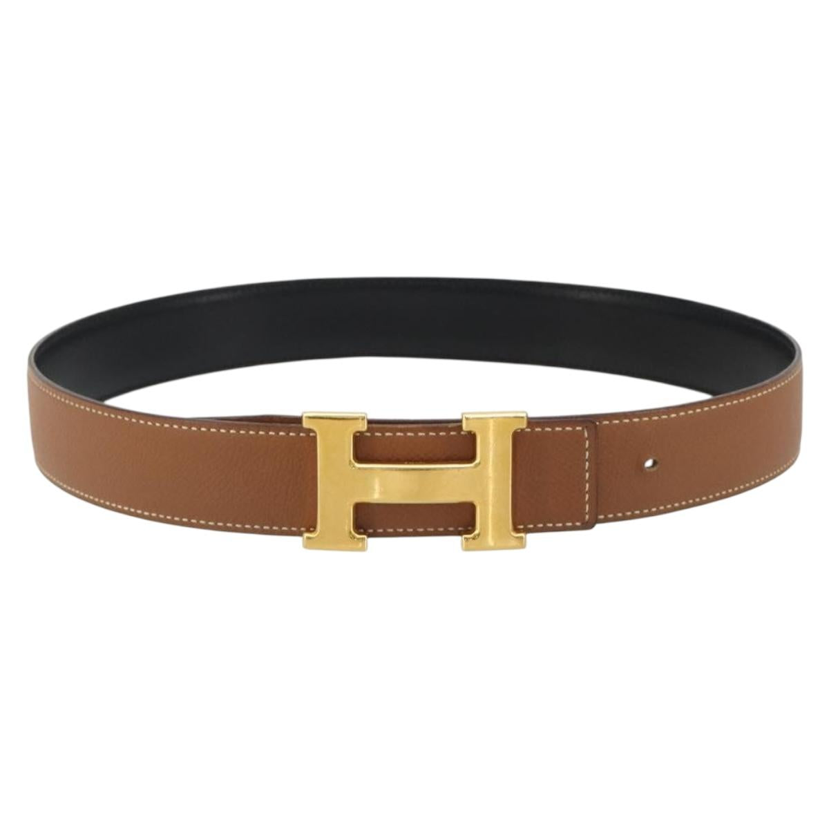 HERMES Constance H Belt Leather 31.9"" Brown Gold Auth 190890