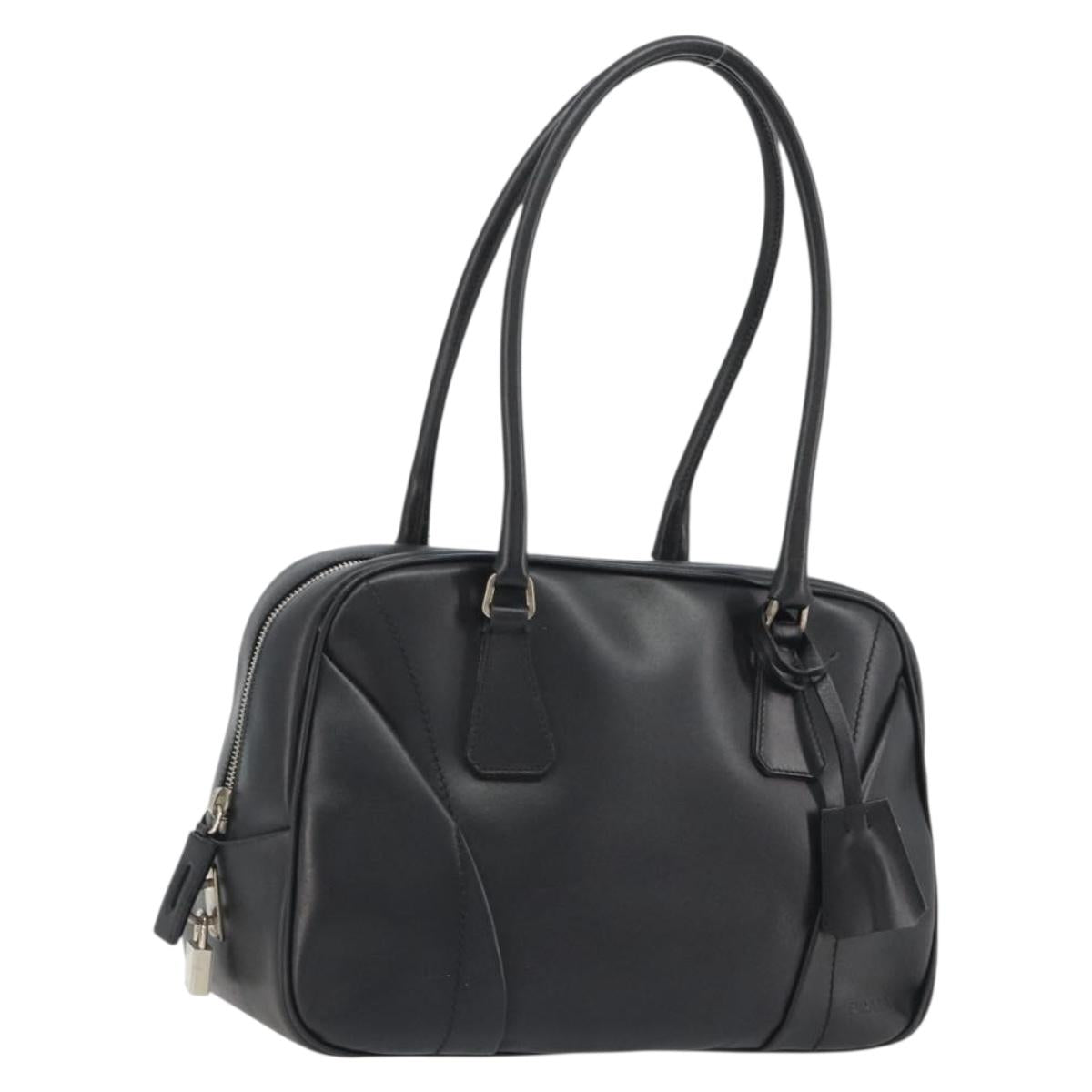PRADA Bowling ag Hand Bag Leather Black Silver Auth 190893A