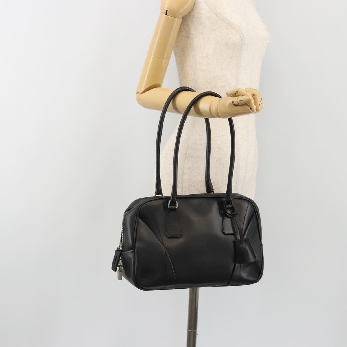 PRADA Bowling ag Hand Bag Leather Black Silver Auth 190893A