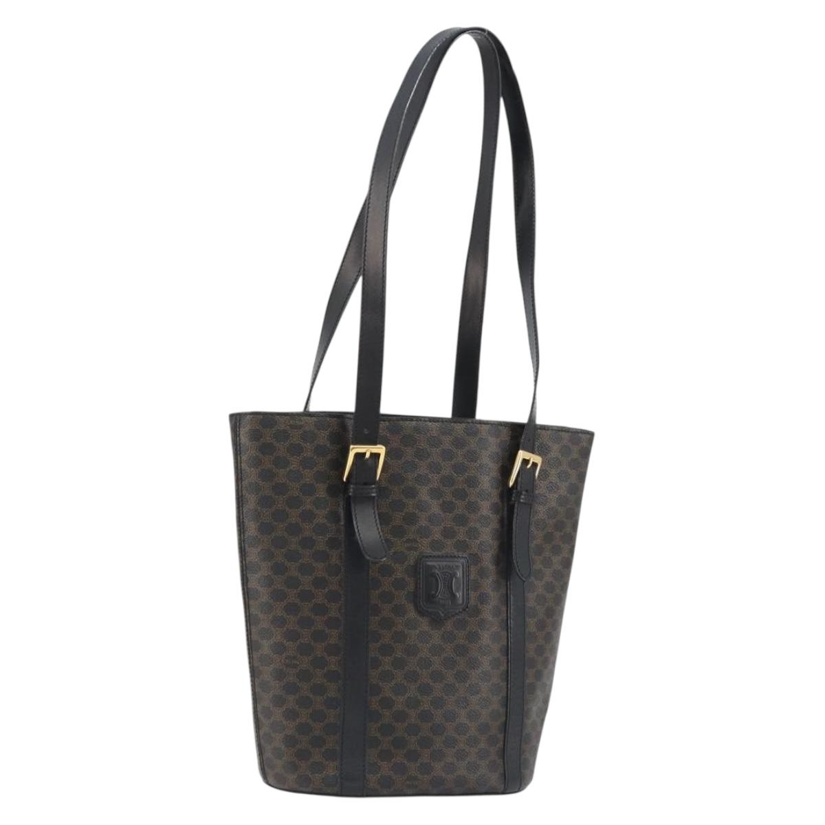CELINE Macadam Canvas Shoulder Bag PVC Leather Black Gold Auth 190902A
