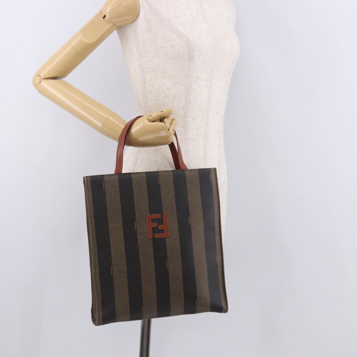 FENDI Pecan Canvas Hand Bag PVC Brown Black Auth 190920