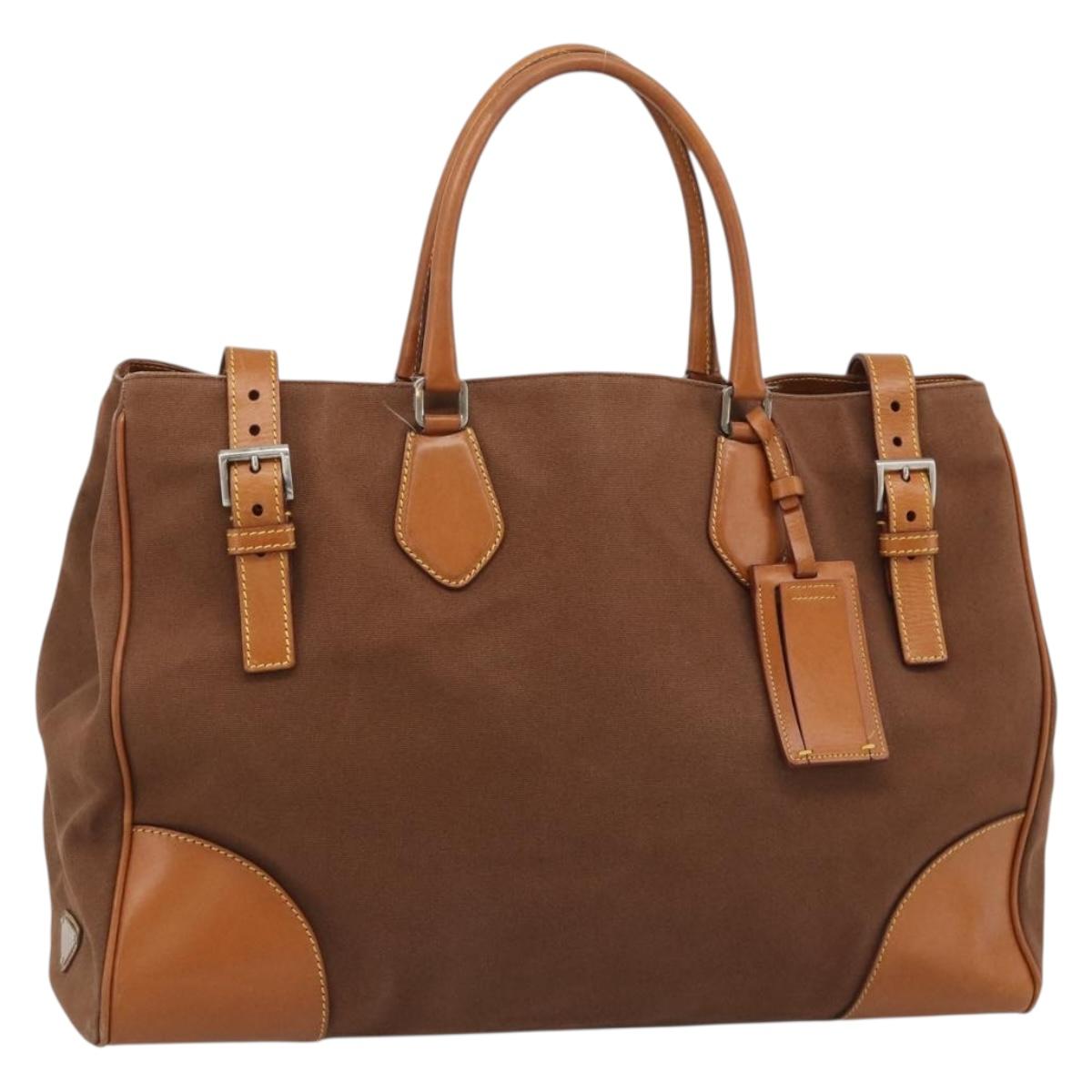 PRADA Boston Bag Canvas Brown Silver Auth 190935A