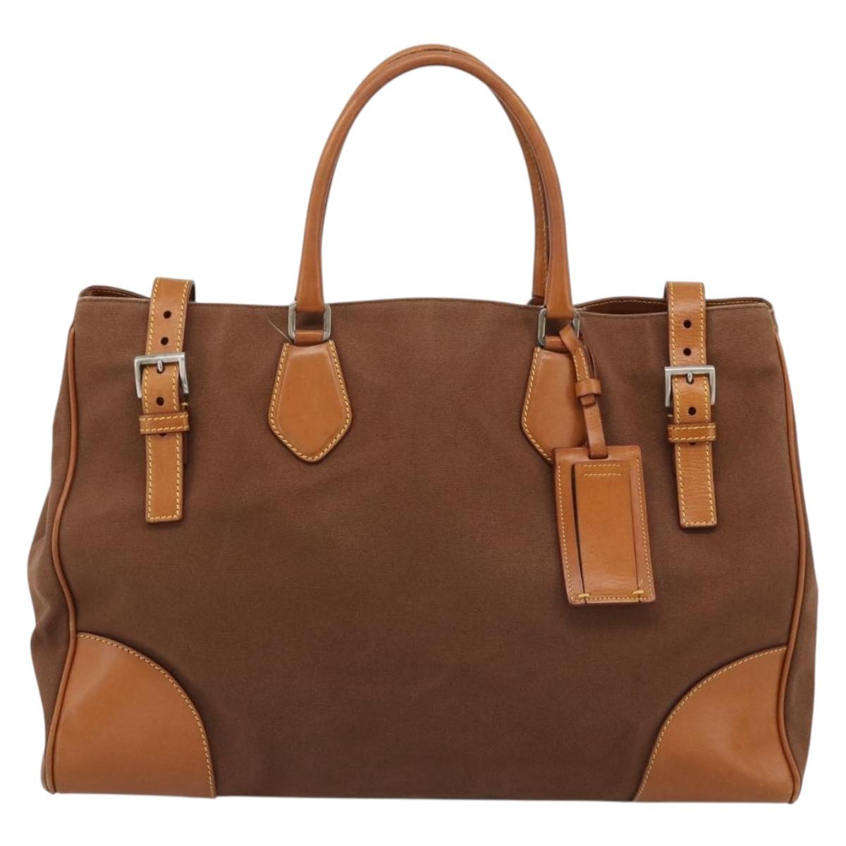 PRADA Boston Bag Canvas Brown Silver Auth 190935A