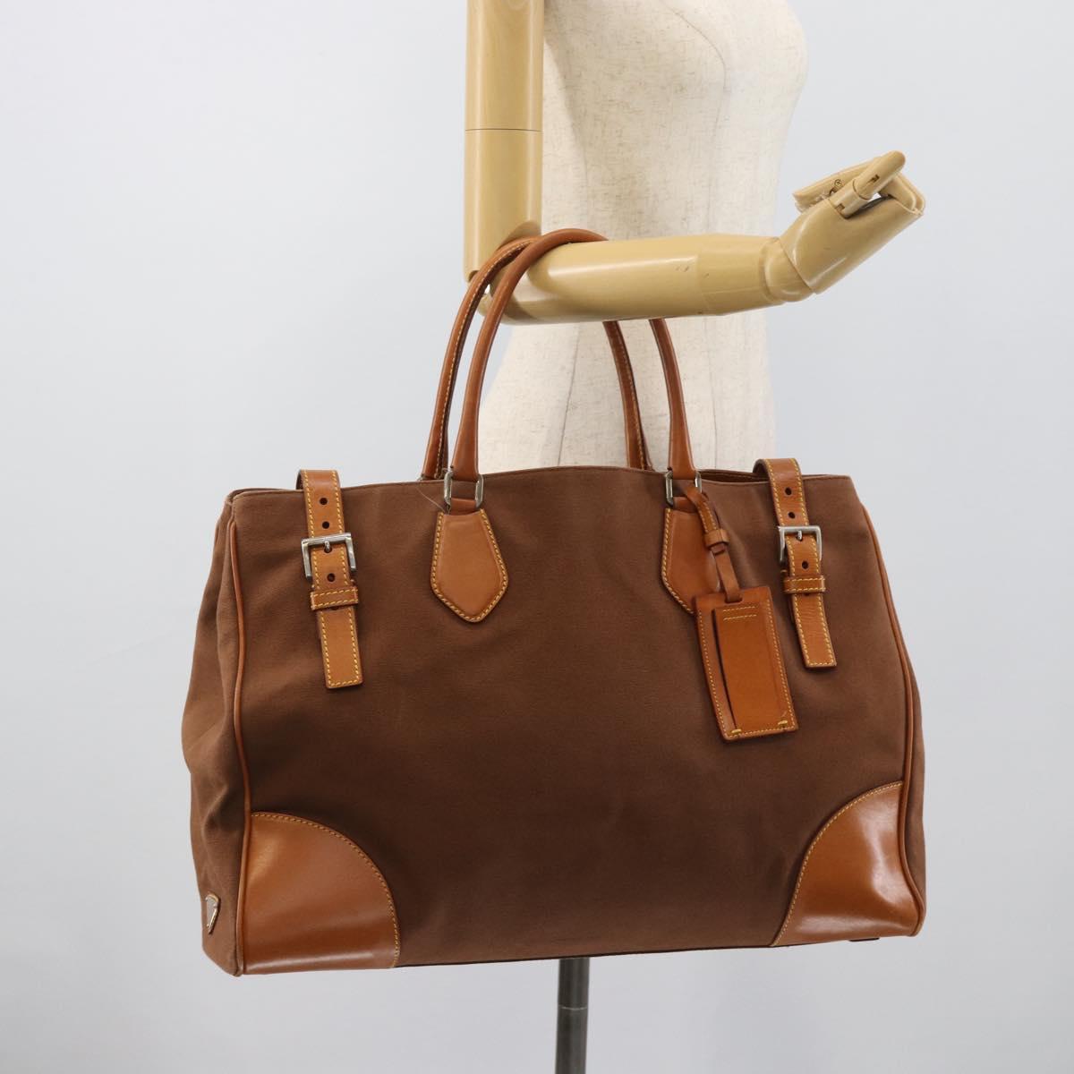 PRADA Boston Bag Canvas Brown Silver Auth 190935A