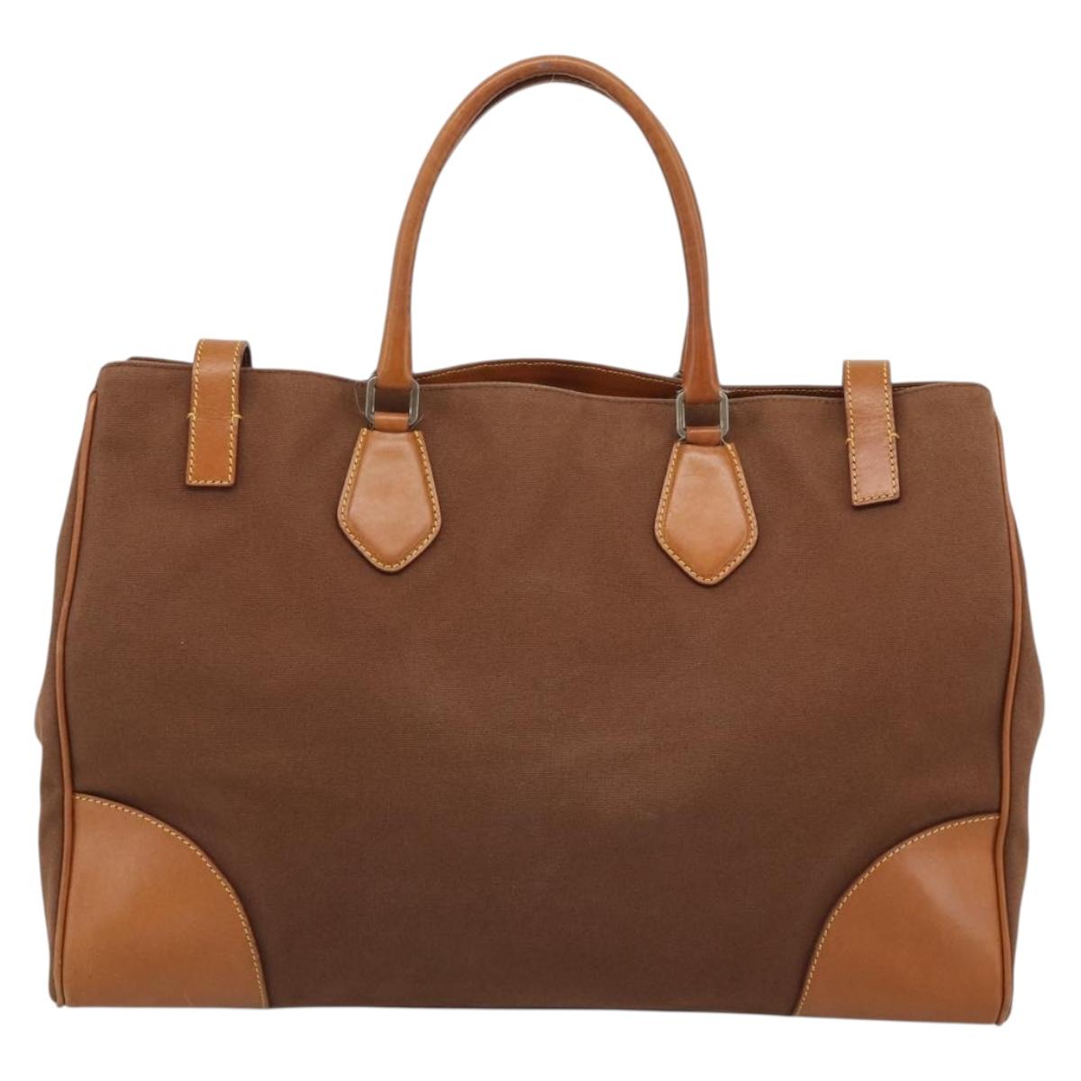 PRADA Boston Bag Canvas Brown Silver Auth 190935A