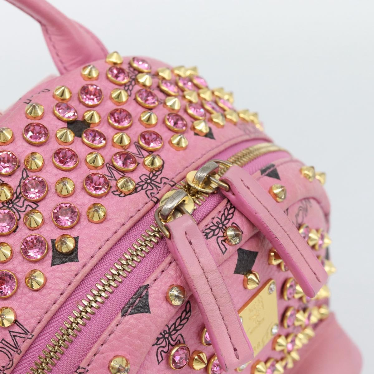 MCM Vicetos Logogram Studs Backpack Leather Pink Gold Auth 190946