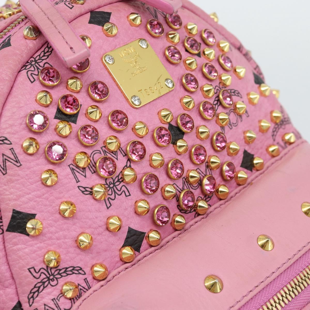 MCM Vicetos Logogram Studs Backpack Leather Pink Gold Auth 190946