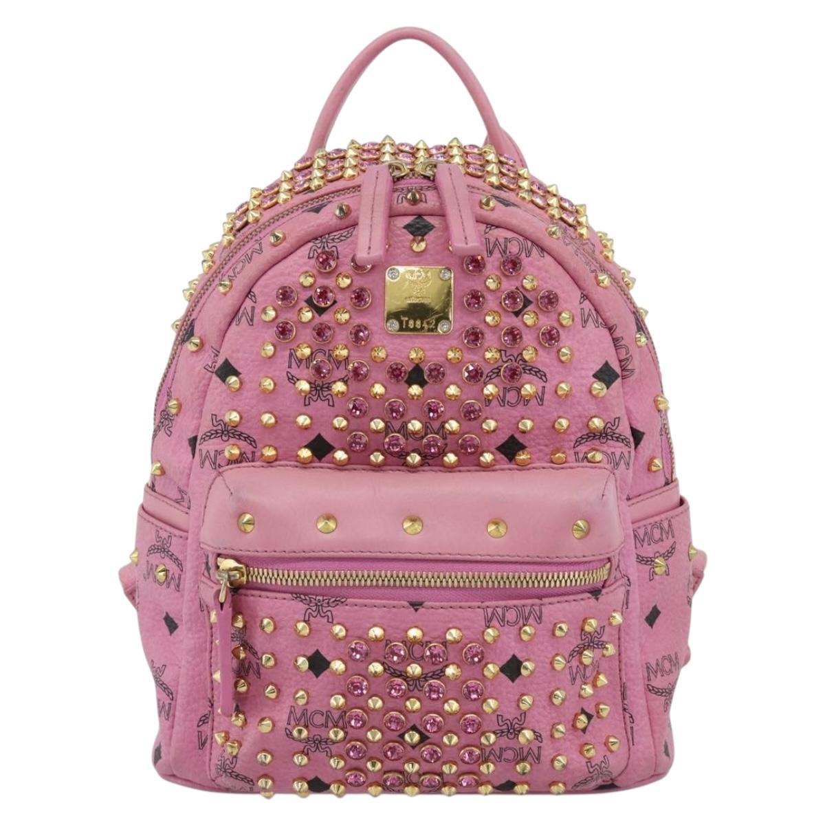 MCM Vicetos Logogram Studs Backpack Leather Pink Gold Auth 190946