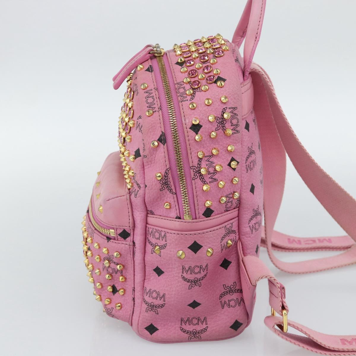 MCM Vicetos Logogram Studs Backpack Leather Pink Gold Auth 190946