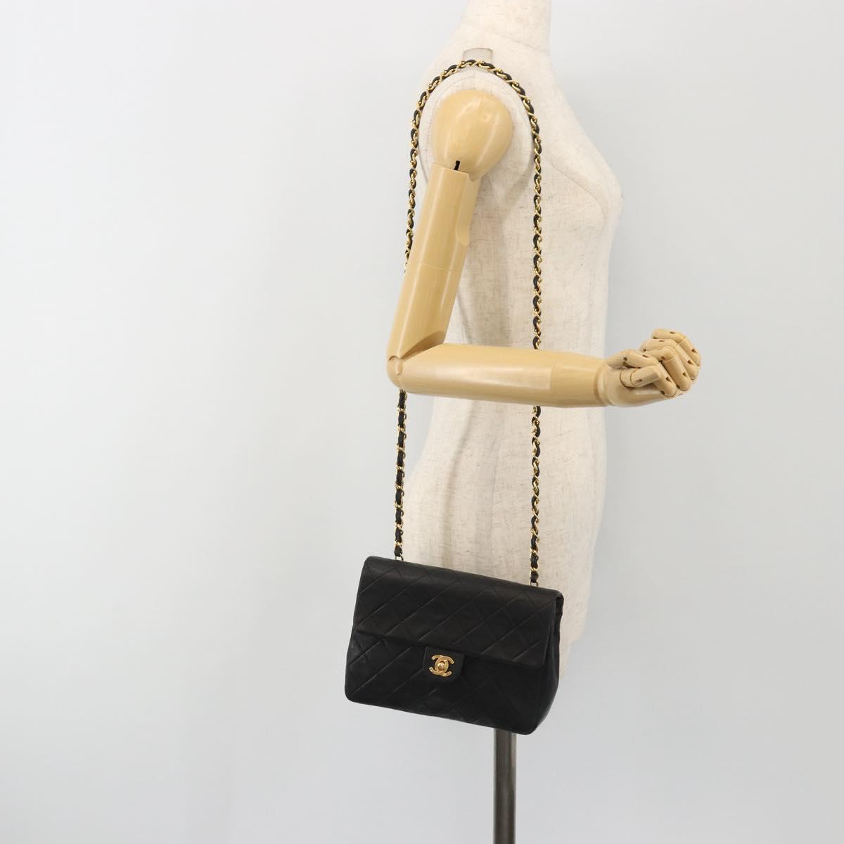 CHANEL Matelasse 20 Chain Shoulder Bag Lamb Skin Black Gold CC Auth 190950SAM