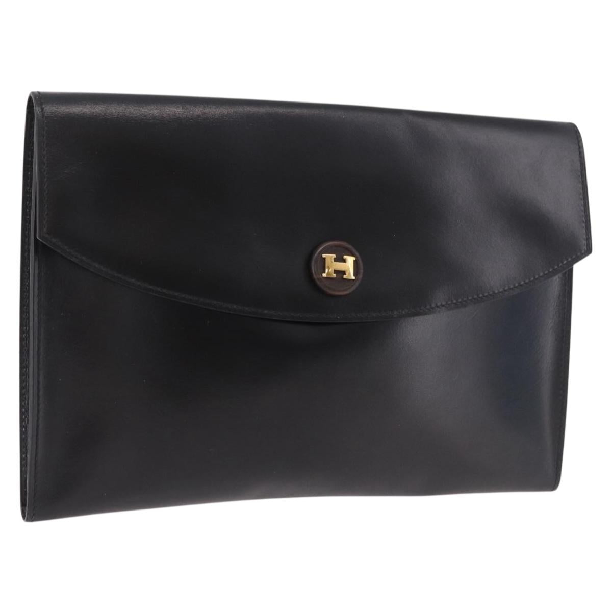 HERMES Pochetto Rio Clutch Bag Leather Black Gold Auth 190962M