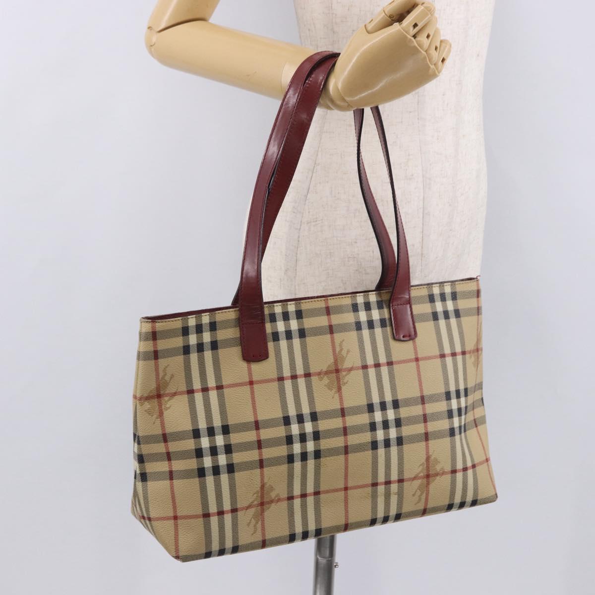 BURBERRY Nova Check Tote Bag PVC Leather Beige Silver Auth 190964