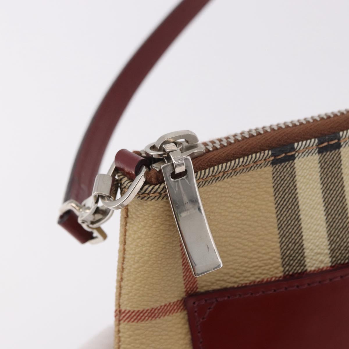 BURBERRY Nova Check Pouch PVC Leather Beige Silver Auth 190965A