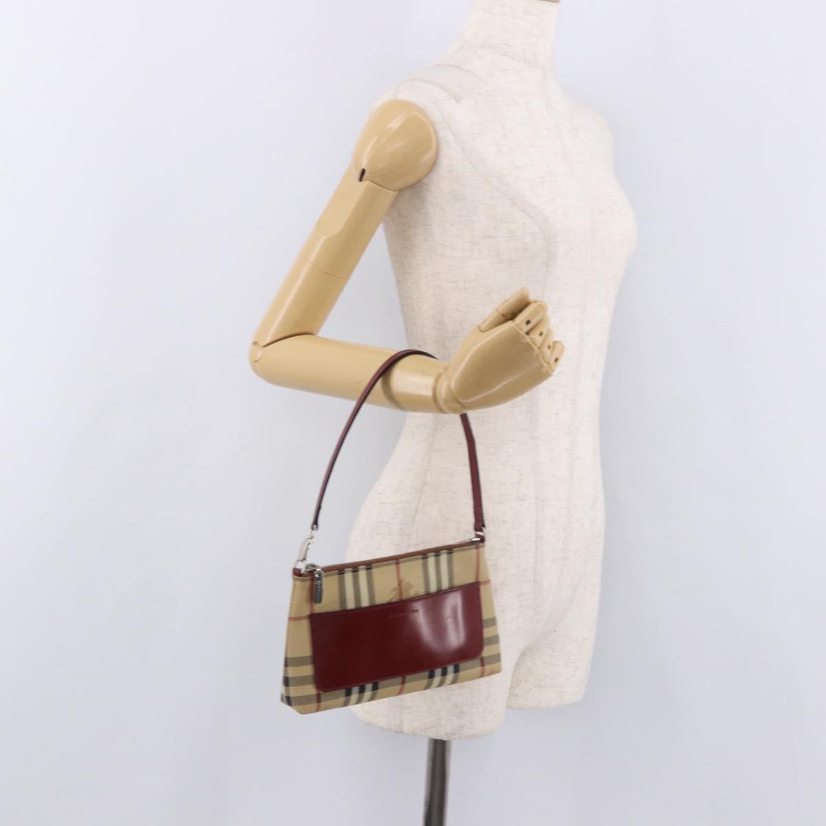 BURBERRY Nova Check Pouch PVC Leather Beige Silver Auth 190965A