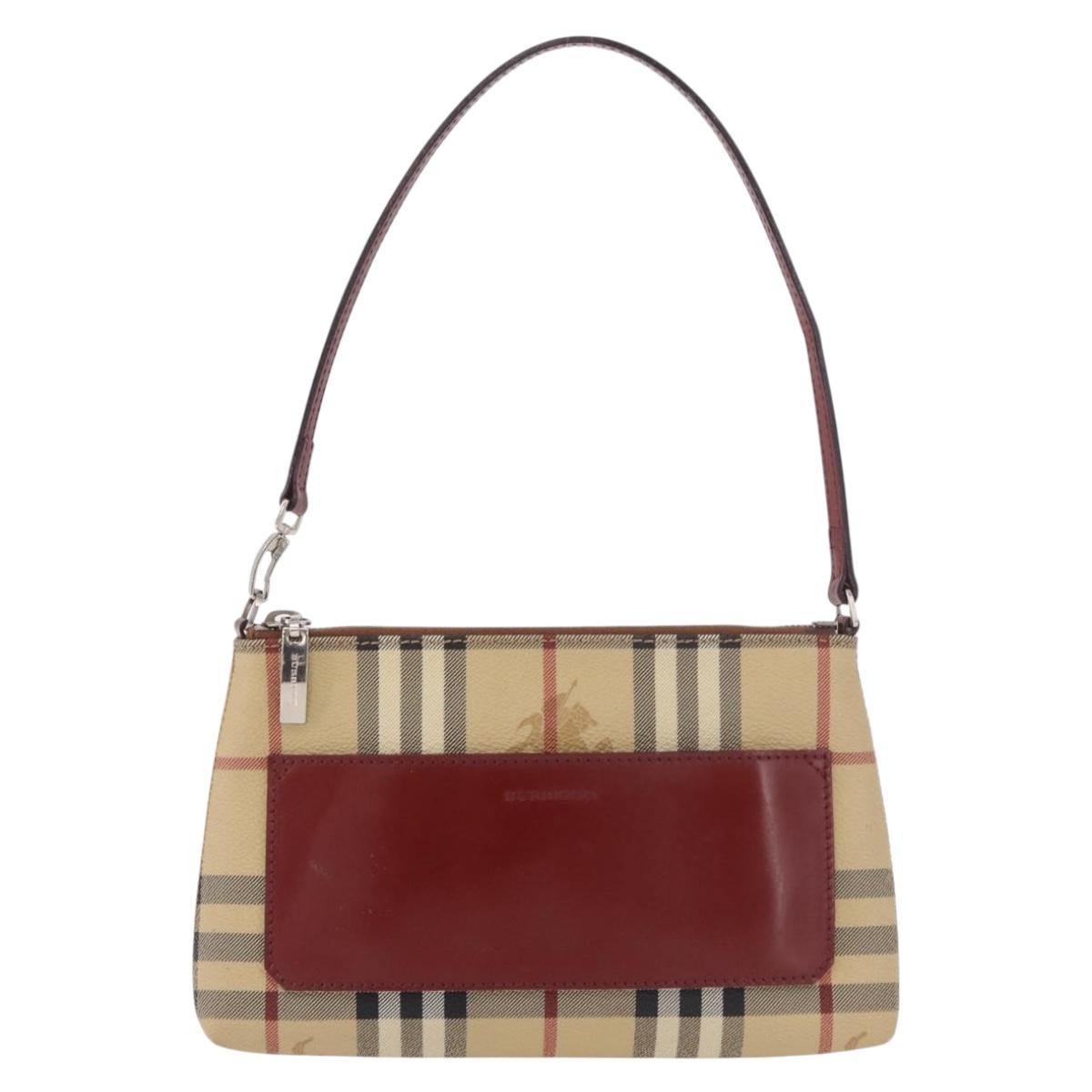 BURBERRY Nova Check Pouch PVC Leather Beige Silver Auth 190965A