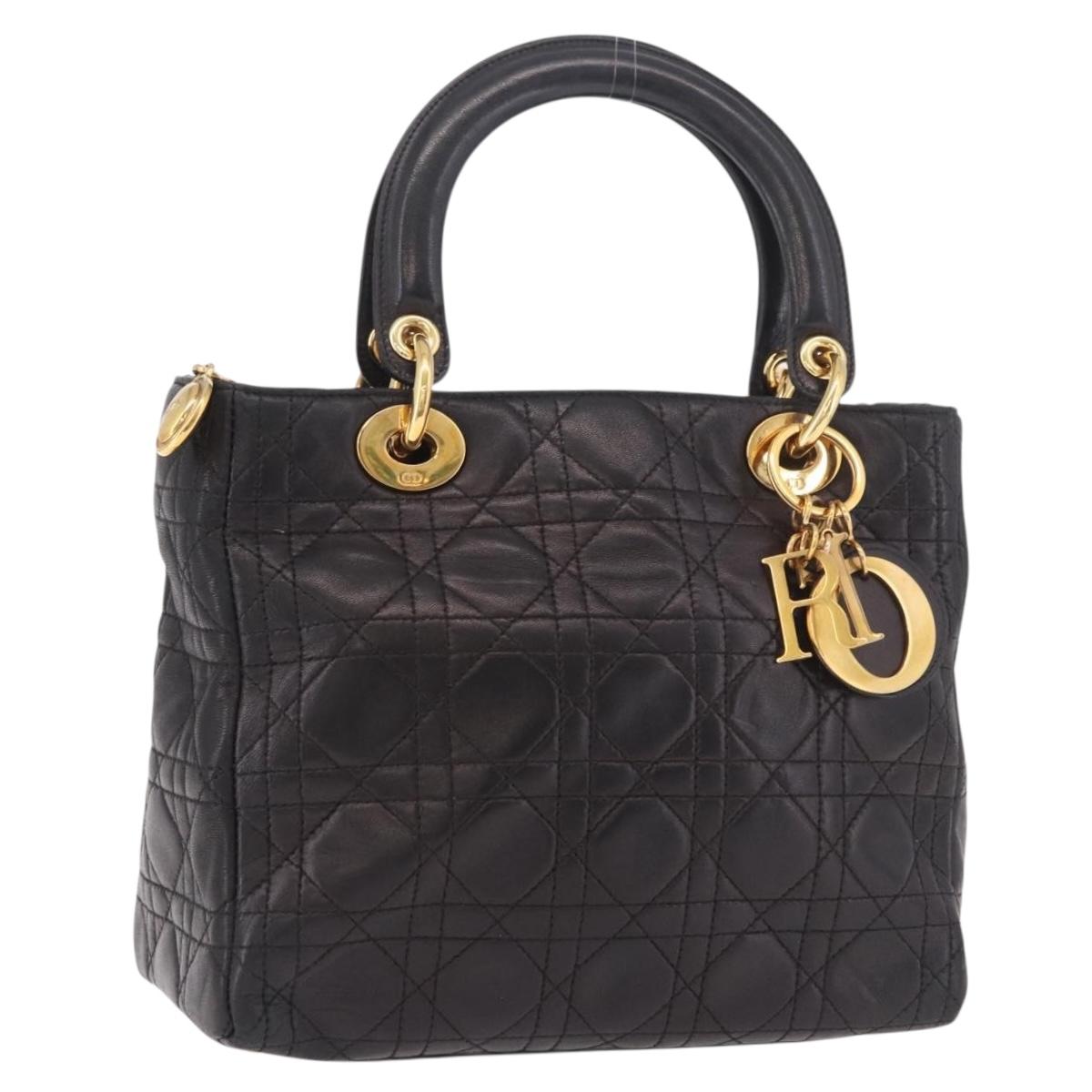 Christian Dior Canage Hand Bag Lamb Skin Black Gold Auth 190976A