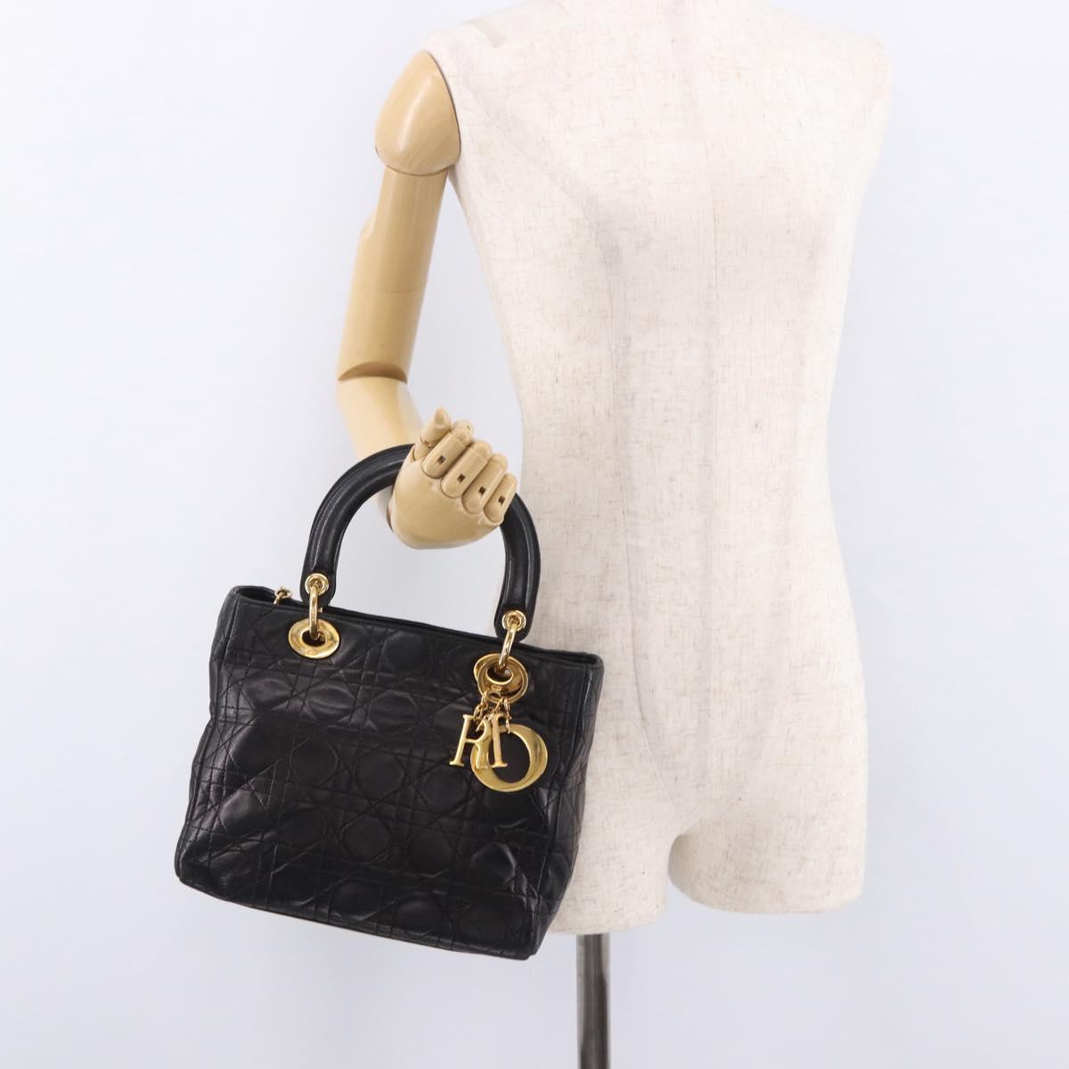 Christian Dior Canage Hand Bag Lamb Skin Black Gold Auth 190976A