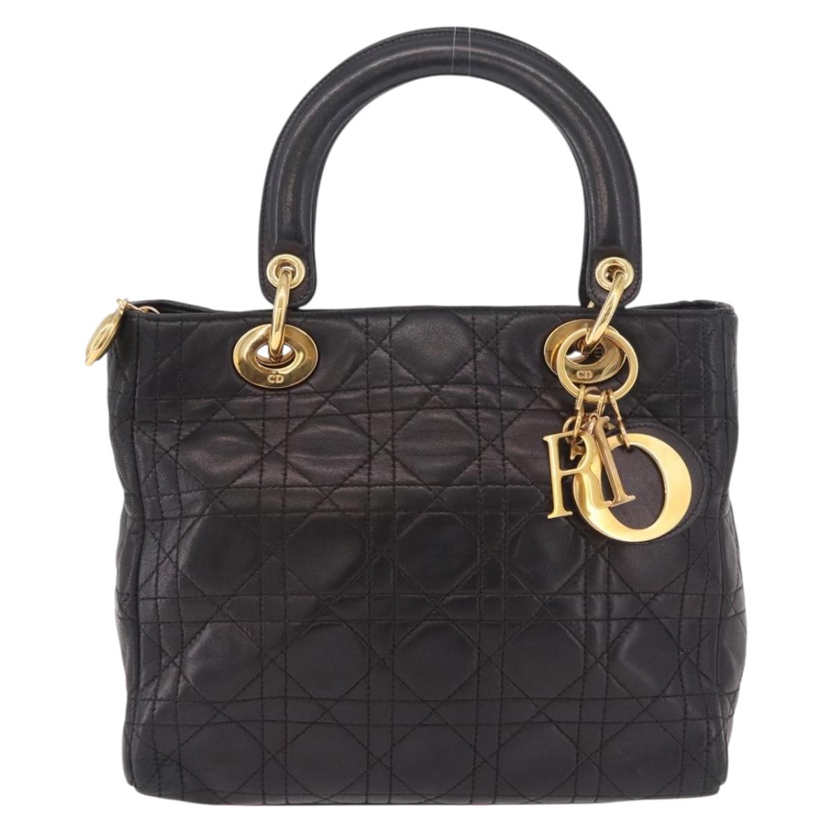 Christian Dior Canage Hand Bag Lamb Skin Black Gold Auth 190976A