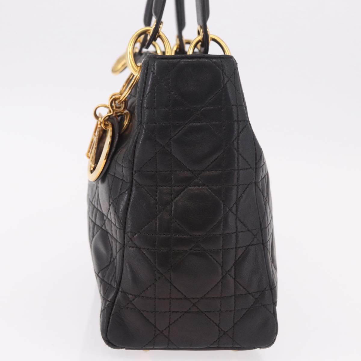 Christian Dior Canage Hand Bag Lamb Skin Black Gold Auth 190976A