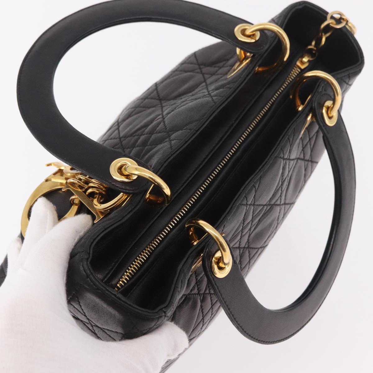 Christian Dior Canage Hand Bag Lamb Skin Black Gold Auth 190976A