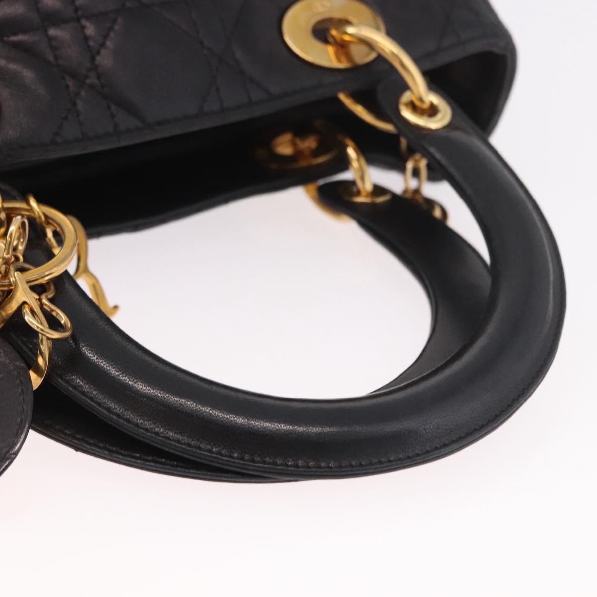Christian Dior Canage Hand Bag Lamb Skin Black Gold Auth 190976A