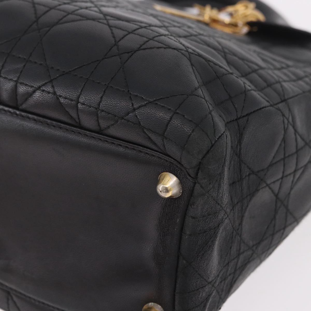 Christian Dior Canage Hand Bag Lamb Skin Black Gold Auth 190981