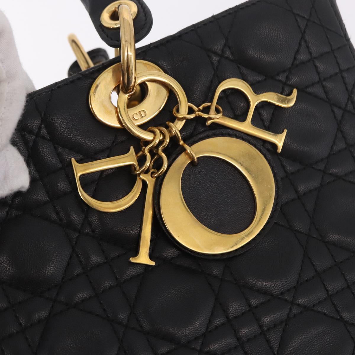 Christian Dior Canage Hand Bag Lamb Skin Black Gold Auth 190981
