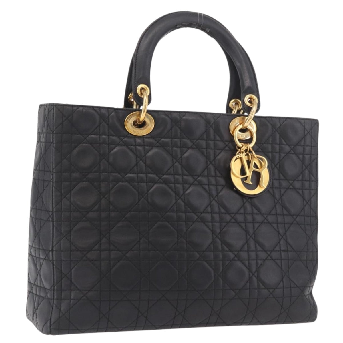 Christian Dior Canage Hand Bag Lamb Skin Black Gold Auth 190981