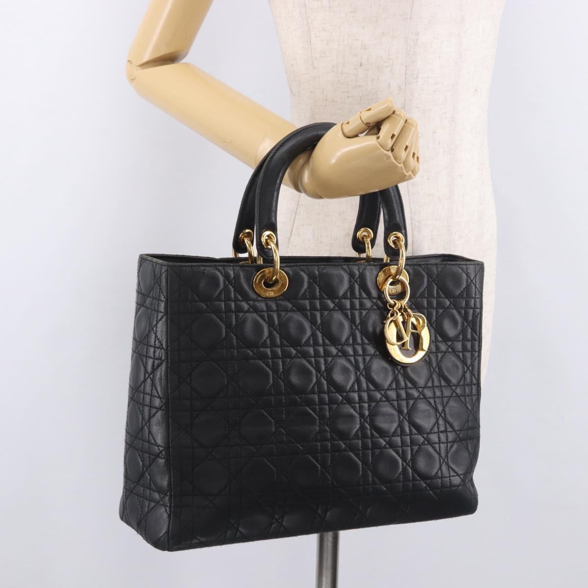 Christian Dior Canage Hand Bag Lamb Skin Black Gold Auth 190981