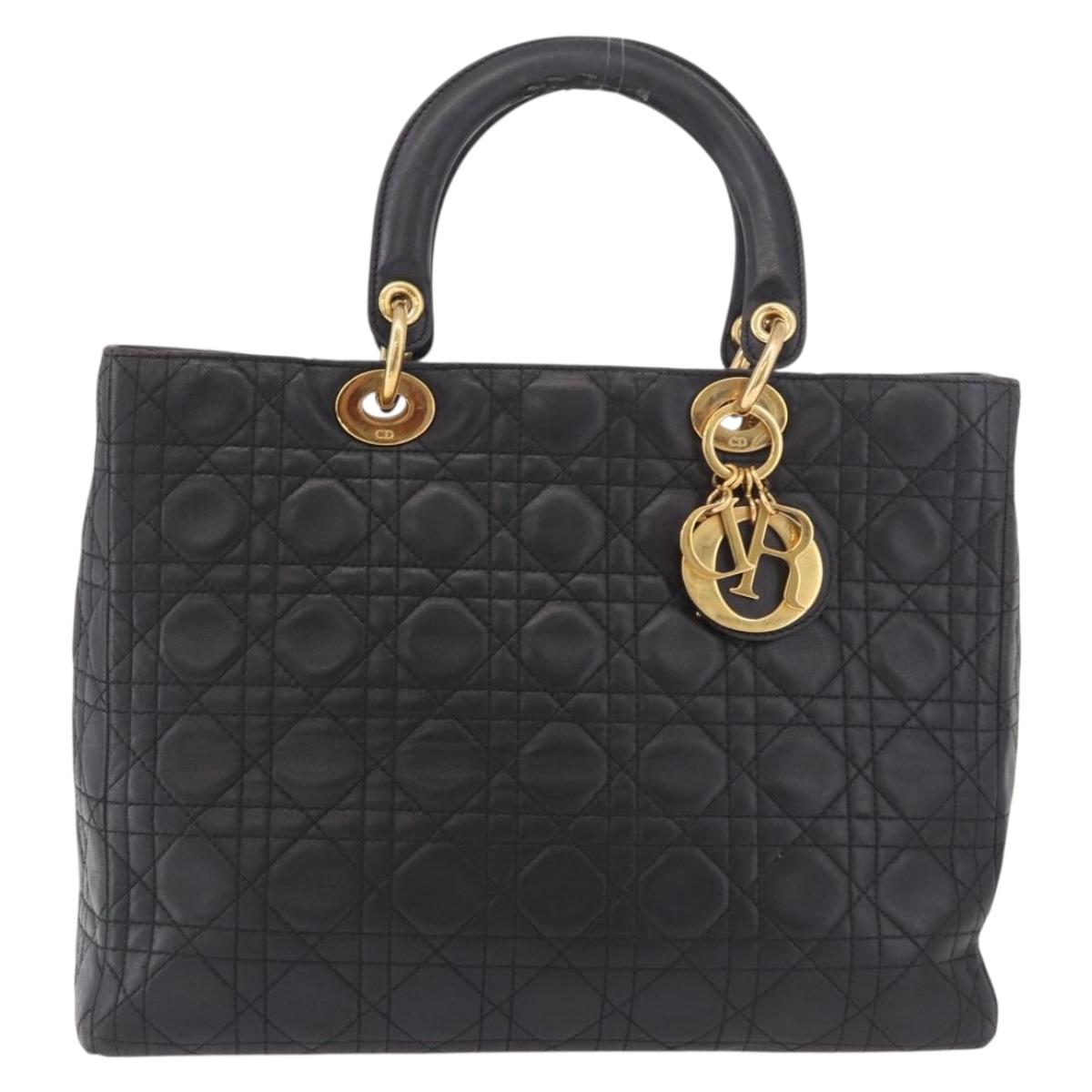 Christian Dior Canage Hand Bag Lamb Skin Black Gold Auth 190981