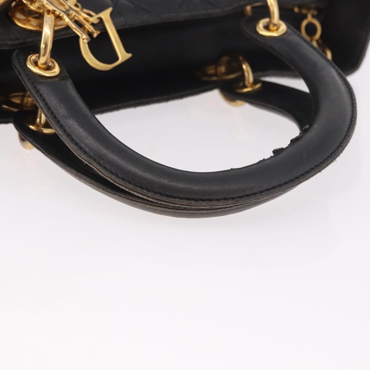 Christian Dior Canage Hand Bag Lamb Skin Black Gold Auth 190981