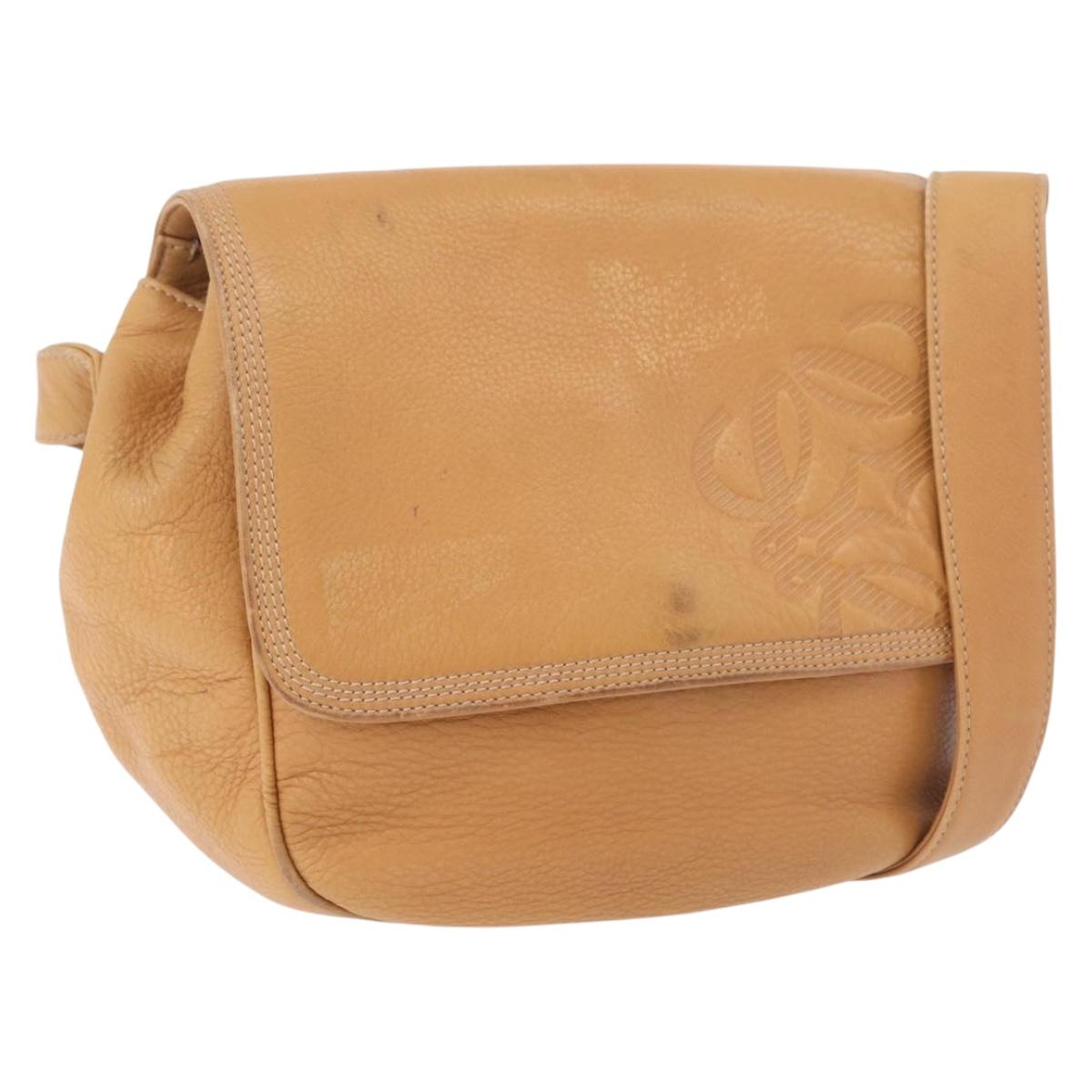 LOEWE Anagram Shoulder Bag Leather Beige Gold Auth 190988