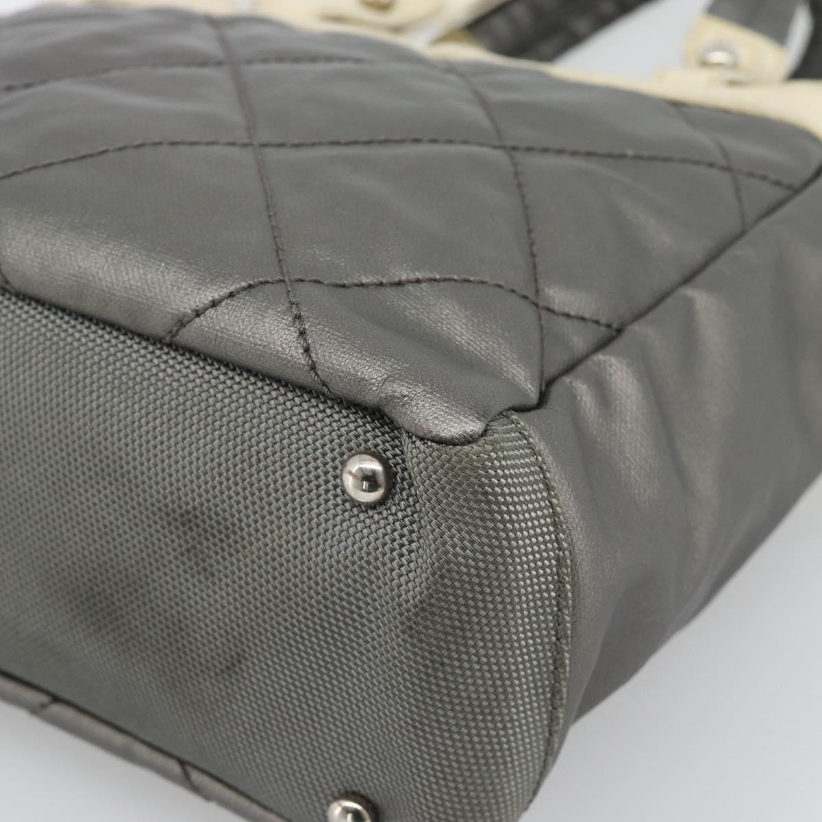 CHANEL Paris Biarritz PM Tote Bag Coated Canvas Silver CC Auth 191000