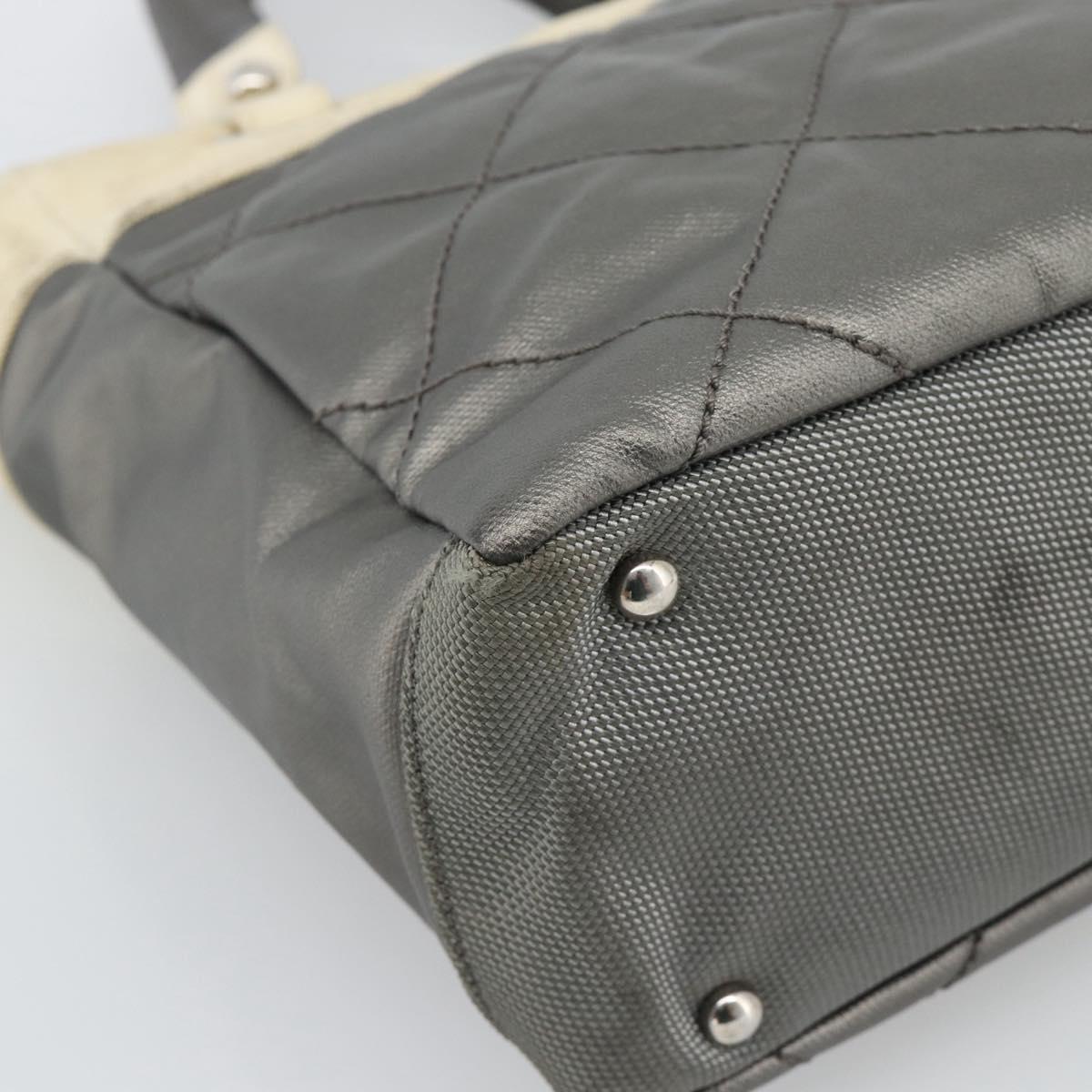 CHANEL Paris Biarritz PM Tote Bag Coated Canvas Silver CC Auth 191000