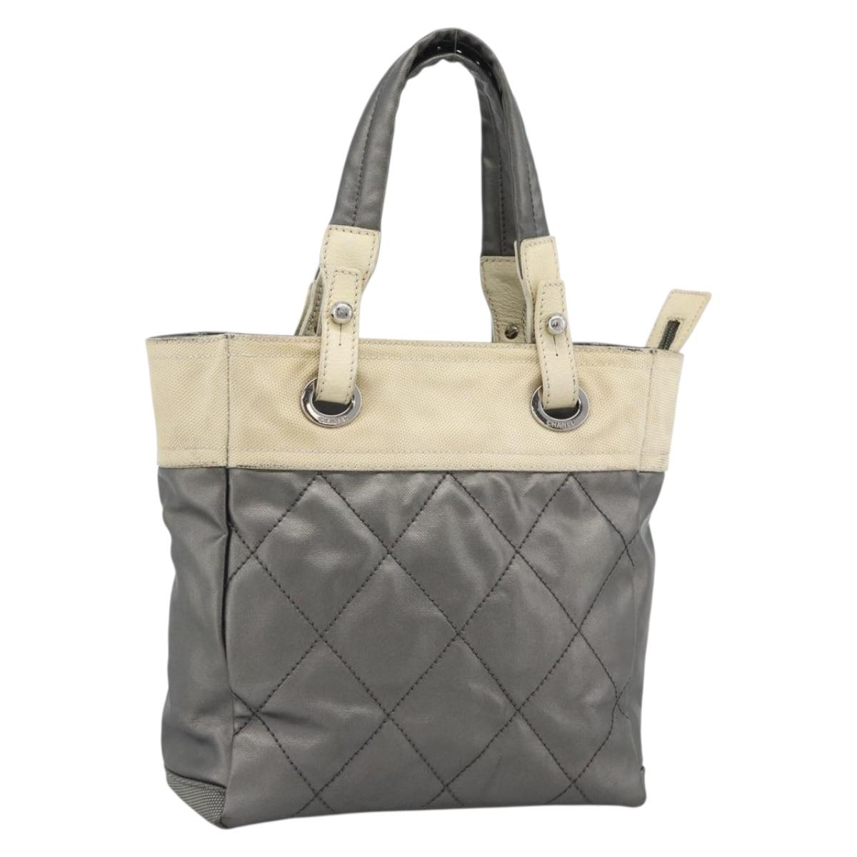 CHANEL Paris Biarritz PM Tote Bag Coated Canvas Silver CC Auth 191000