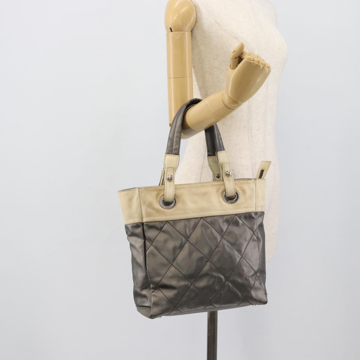 CHANEL Paris Biarritz PM Tote Bag Coated Canvas Silver CC Auth 191000