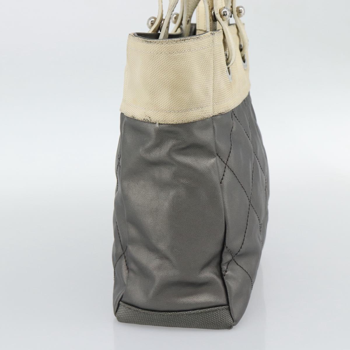 CHANEL Paris Biarritz PM Tote Bag Coated Canvas Silver CC Auth 191000