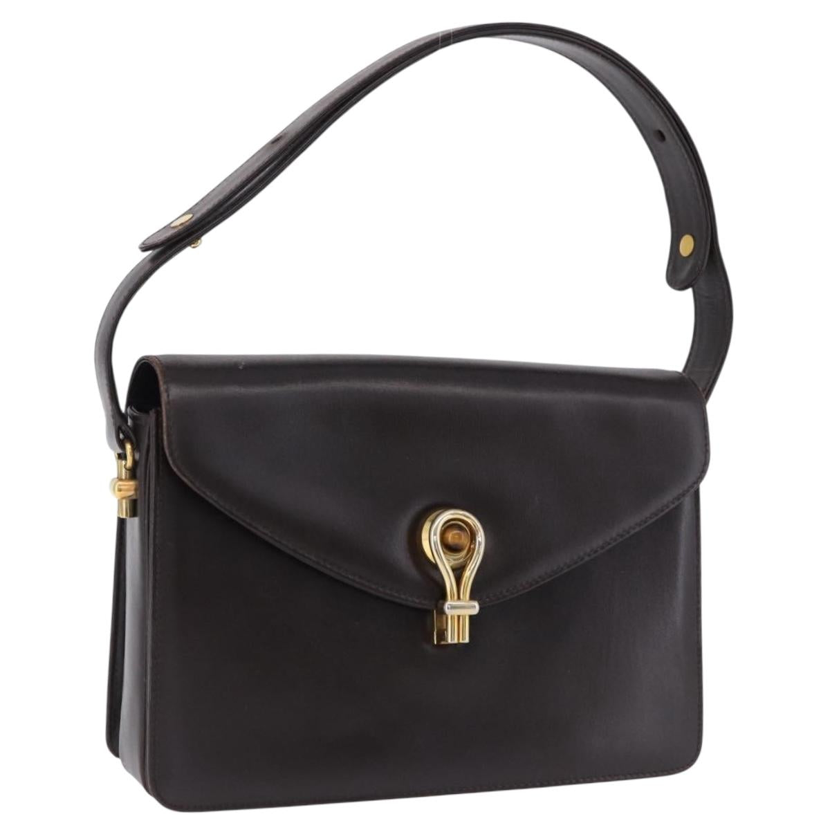 GUCCI Shoulder Bag Leather Dark Brown Gold Auth 191010