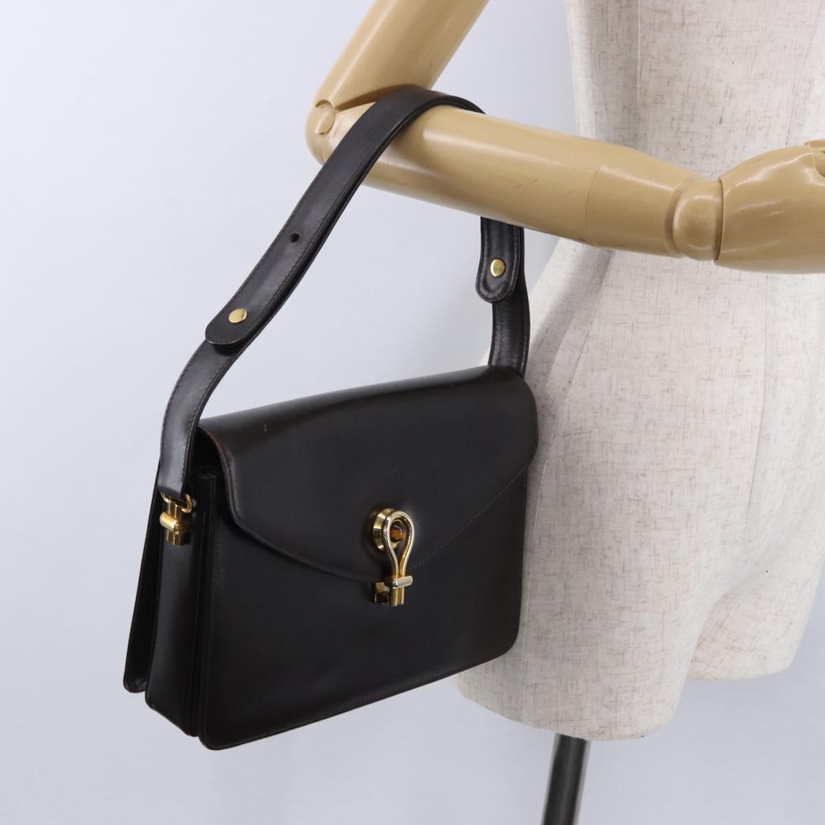 GUCCI Shoulder Bag Leather Dark Brown Gold Auth 191010