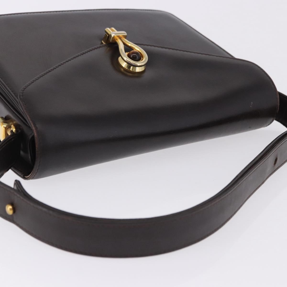 GUCCI Shoulder Bag Leather Dark Brown Gold Auth 191010