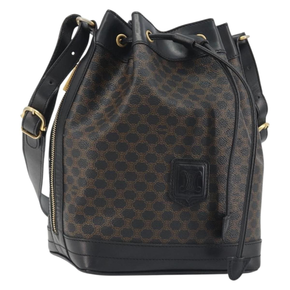 CELINE Macadam Canvas Shoulder Bag PVC Leather Black Gold Auth 191013A