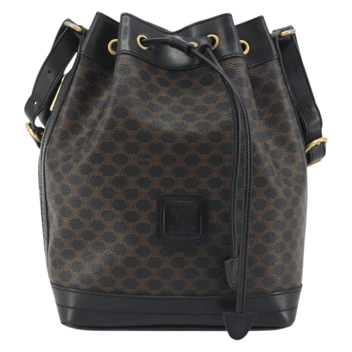 CELINE Macadam Canvas Shoulder Bag PVC Leather Black Gold Auth 191013A