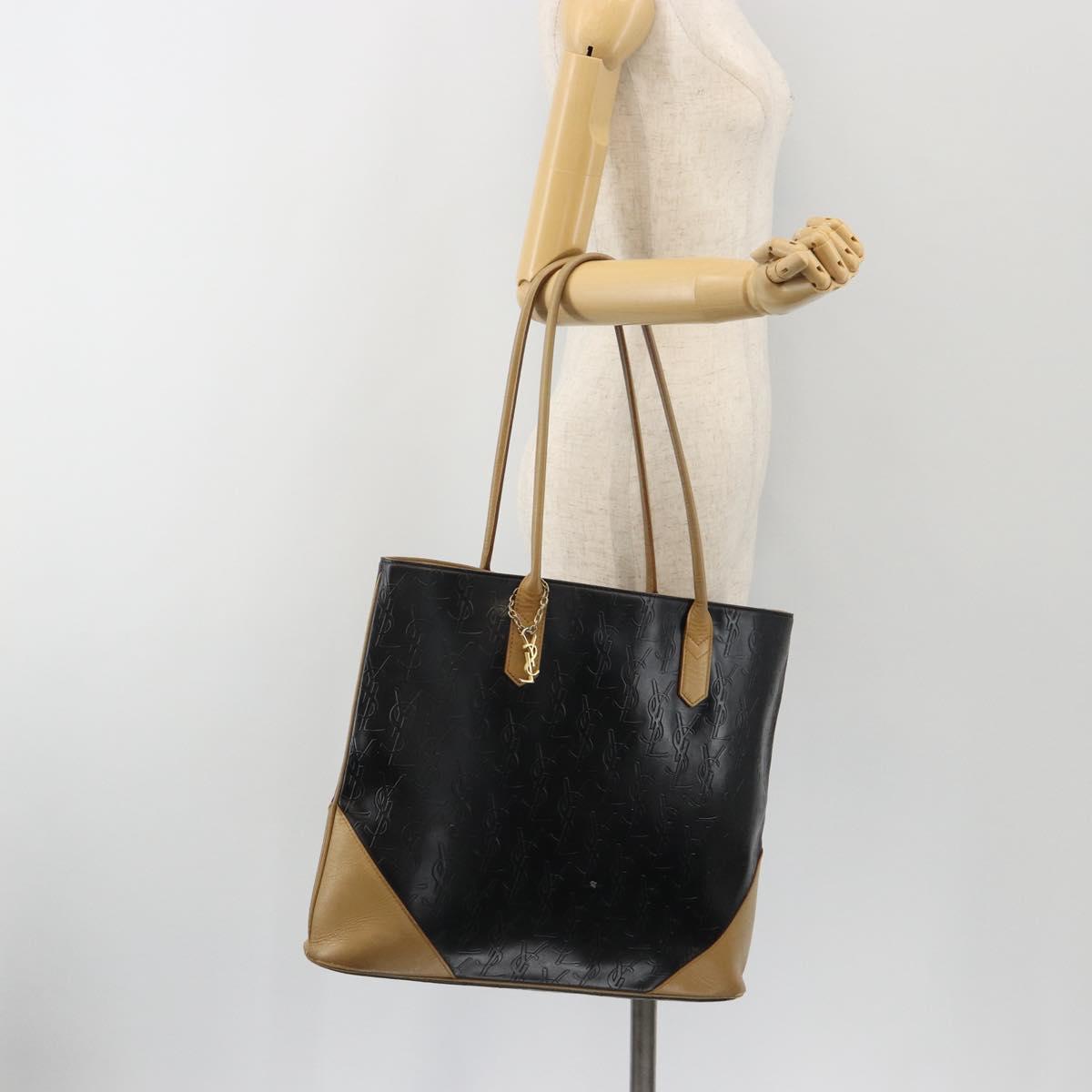 SAINT LAURENT Tote Bag Leather Black Beige Auth 191020