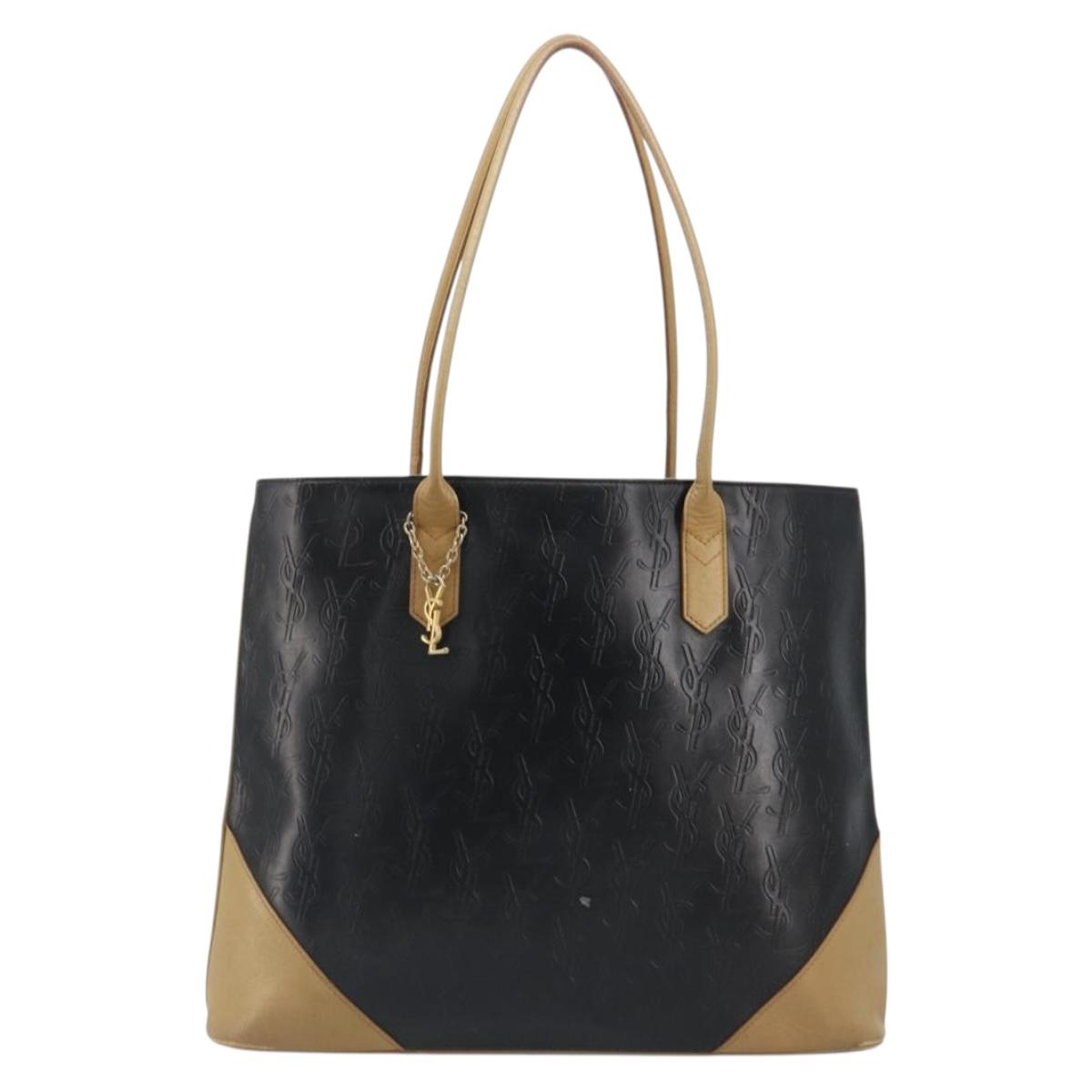 SAINT LAURENT Tote Bag Leather Black Beige Auth 191020