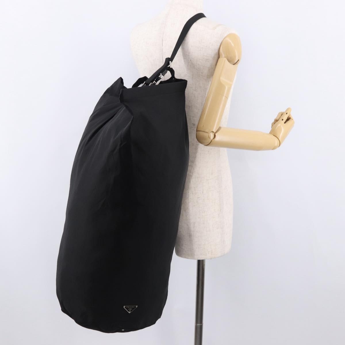 PRADA Drawstring Shoulder Bag Nylon Black Silver Auth 191026A