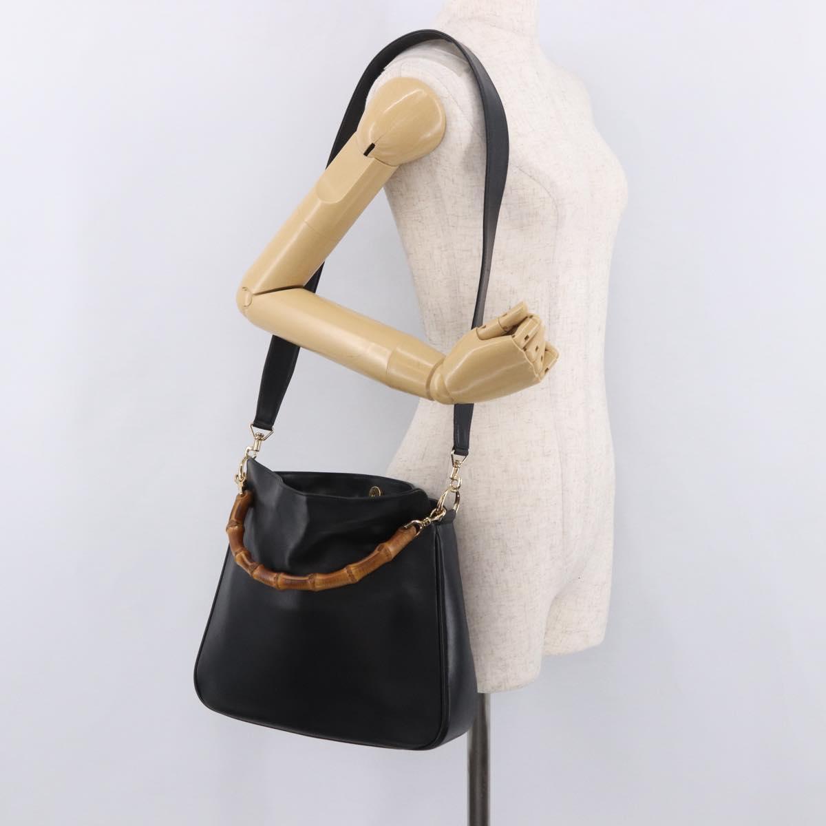 GUCCI Bamboo Hand Bag Leather 2way Black Gold 001 3444 Auth 191028